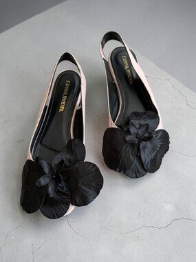 SONIA RYKIEL Pink Black Leather Floral Slingback Flats Size 39.5 / 9.5